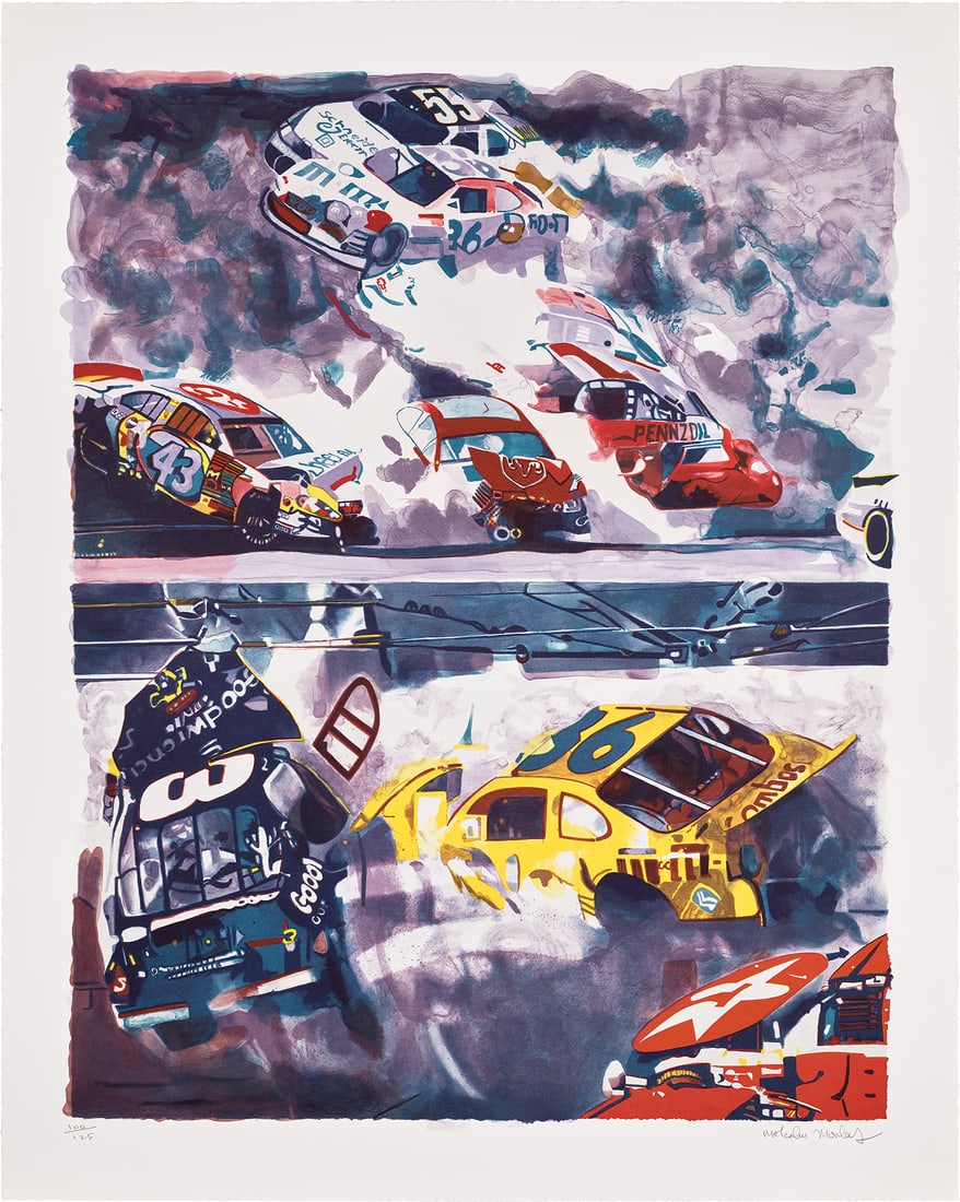 Malcolm Morley: Death of Dale Earnhardt 2005 Lithograph in colors, on wove paper, with full margins. I. 45 1/4 x 35 3/4 in. (114.9 x 90.8 cm) S. 51 3/4 x 41 1/2 in. (131.4 x 105.4 cm) Signed and numbered 100/125 in p