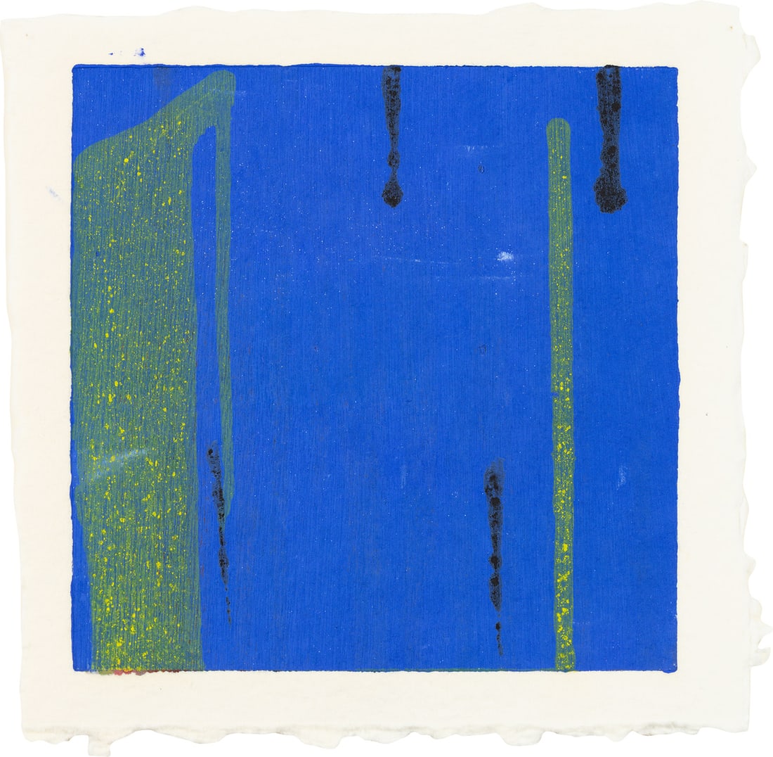 Jacqueline Humphries: Untitled 1995 Unique monotype in colors, on Twinrocker handmade paper, with full margins. I. 8 1/2 x 8 1/2 in. (21.6 x 21.6 cm) S. 10 1/2 x 10 3/8 in. (26.7 x 26.4 cm) Signed and numbered '6/50' in pe