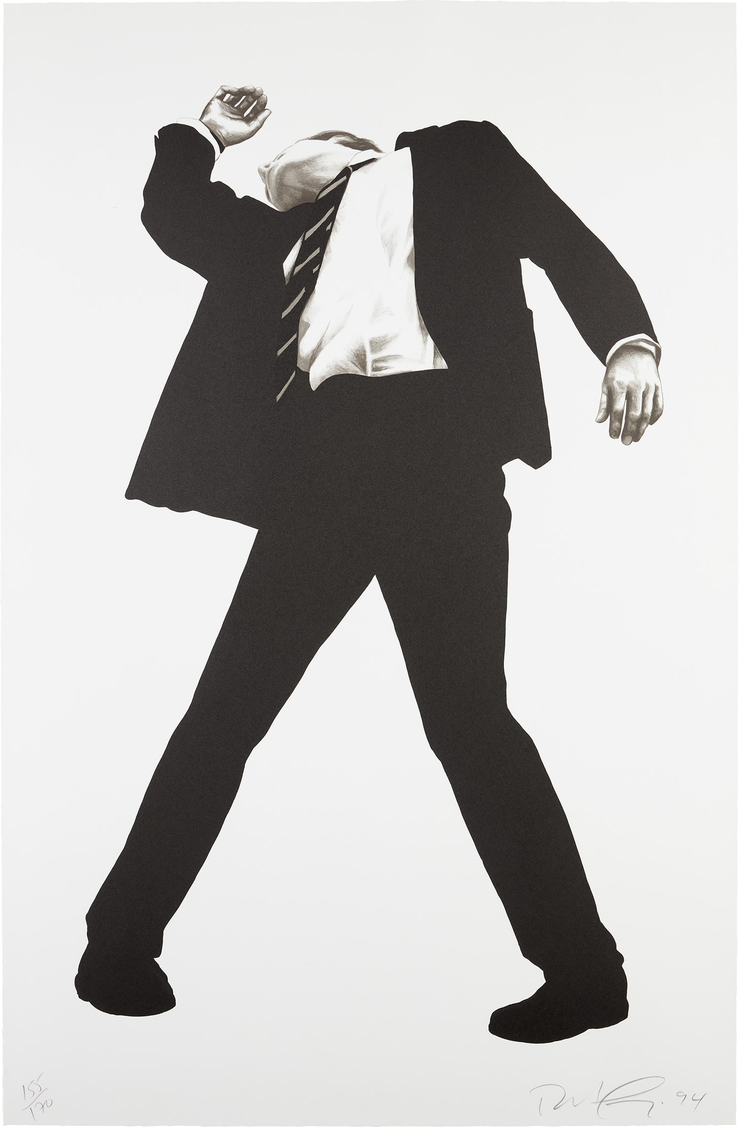 Robert Longo: Rick, from Men in the Cities 1994 Lithograph, on Arches paper, with full margins. I. 38 x 22 3/4 in. (96.5 x 57.8 cm) S. 46 x 30 in. (116.8 x 76.2 cm) Signed, dated and numbered 155/170 in pencil (the
