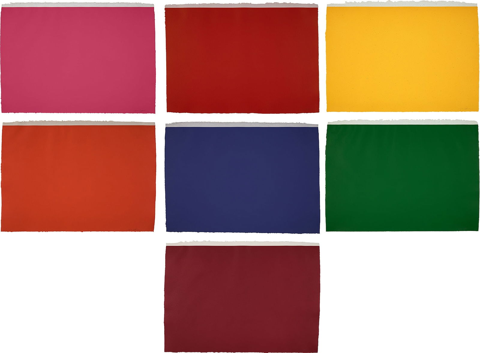 Dan Flavin: (to Don Judd, colorist) 1-7 (G. 1315-1321) 1986-87 The complete set of seven lithographs in colors, on various HMP Koller handmade gray and green wove papers and one on Laurence Barker wove paper, the