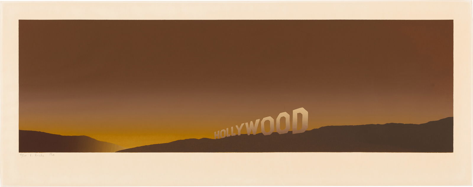 Ed Ruscha: Hollywood (E. 7) 1968 Screenprint in colors, on laid paper, with full margins. I. 12 3/8 x 40 3/4 in. (31.4 x 103.5 cm) S. 17 1/2 x 44 1/4 in. (44.5 x 112.4 cm) Signed, dated and numbered 73/100 in pe
