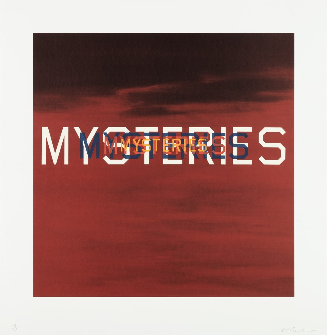 Ed Ruscha: Mysteries 2021 Lithograph in colors, on Entrada paper, with full margins. I. 24 1/4 x 24 in. (61.6 x 61 cm) S. 30 3/4 x 30 in. (78.1 x 76.2 cm) Signed, dated and numbered 29/75 in pencil (there were a