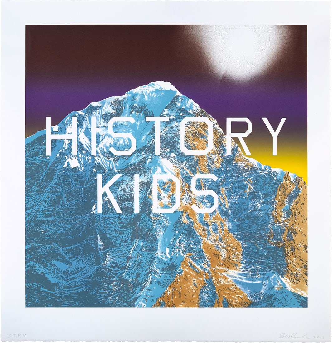 Ed Ruscha: History Kids, from Mountain Prints 2013 Unique lithograph in colors, on Rives BFK paper, with full margins. I. 24 x 24 in. (61 x 61 cm) S. 29 x 28 1/8 in. (73.7 x 71.4 cm) Signed, dated and numbered '