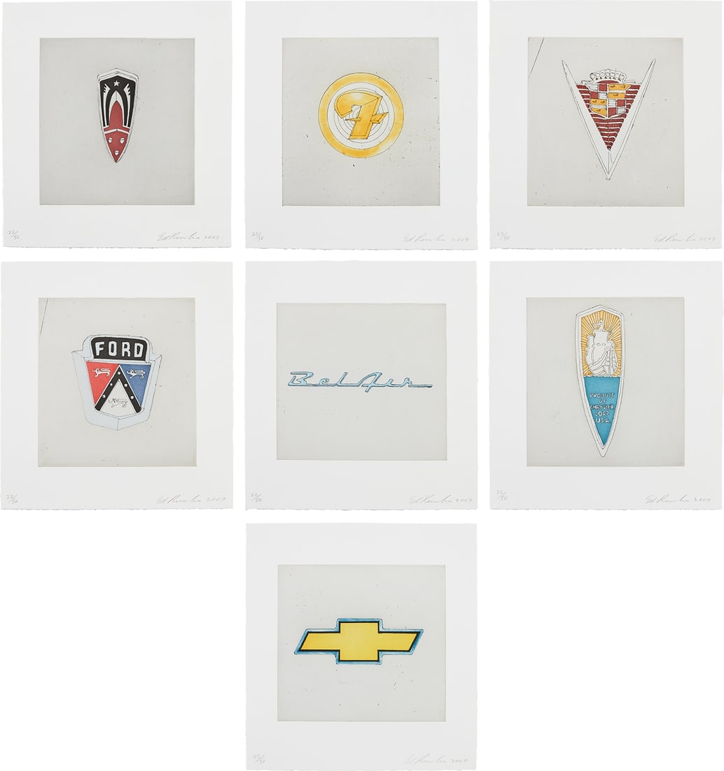 Ed Ruscha: Motor City 2009 The complete set of seven etching and aquatints in colors, on wove paper, with full margins. all I. 7 x 6 1/2 in. (17.8 x 16.5 cm) all S. 10 1/4 x 9 1/2 in. (26 x 24.1 cm) All signed,