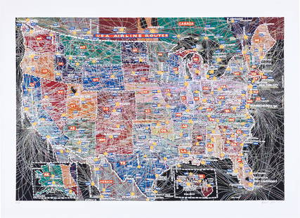 Paula Scher: USA Airline Routes 2020 Monumental digital pigment print in colors, on wove paper, with full margins. I. 36 3/4 x 54 in. (93.3 x 137.2 cm) S. 43 3/4 x 60 in. (111.1 x 152.4 cm) Signed, dated and numbe