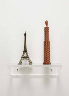 HAIM STEINBACH, Untitled (Eiffel Tower, Pepper Mill: Two plastic wood and metal multiples and a Plexiglas shelf. untitled overall: 15 x 14 1/4 x 6 1/2 in (38.1 x 36.2 x 16.5 cm); far side I. 25 1/2 x 25 5/8 in (64.8 x 65.1 cm); far side S. 33 1/4 x 33 1