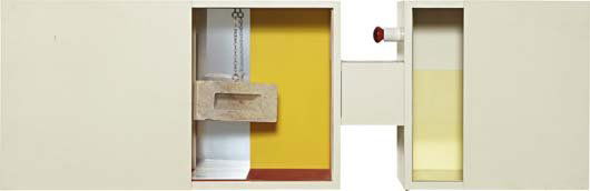 ROBERT RAUSCHENBERG, Publicon-Station V, from Publ: Editioned sculpture comprised of wood with aluminum, coated with nitrocellulose lacquer, collaged silk and cotton fabrics, brick, baked epoxy enamel over polished aluminum, Plexiglas, and a light bulb