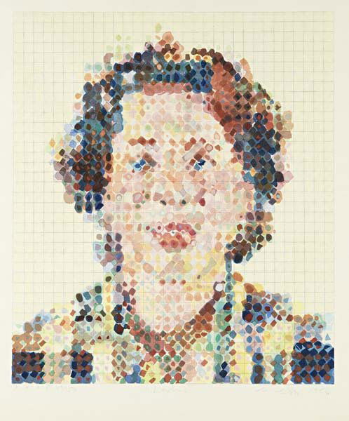 CHUCK CLOSE, Leslie, 1986: Woodcut in colors, on Echizen Kozo Nimai Suki paper, with full margins,. I. 24 3/4 x 21 1/2 in (62.9 x 54.6 cm); S. 31 5/8 x 25 1/2 in (80.3 x 64.8 cm). signed, dated `1986' and numbered 49/150 in pen