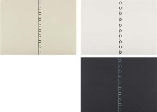 DAN FLAVIN, Untitled (Triptych for the Stedelijk),: The complete set of three lithographs, on wove paper (one black), the full sheets,. all S. 21 1/2 x 30 1/8 in (54.6 x 76.5 cm). from the edition of 25, published by Rento Brattinga, Amsterdam, all in