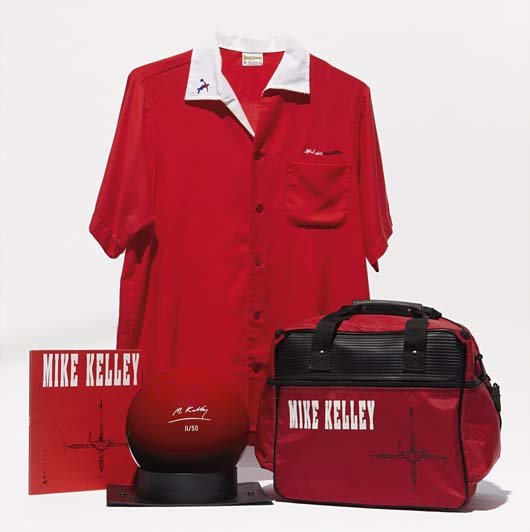 MIKE KELLEY, Bowling Ball, Bag, Shirt and Catalog,: The complete set of four objects including a customized bowling shirt, bowling ball, bag and book,. dimensions variable. the ball engraved with signature and numbered 11/50, published by A.R.T Press,