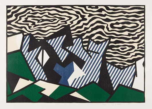 ROY LICHTENSTEIN: Morton A. Mort, from Expressionist Woodcut series, 1980. Woodcut in colors with embossing, on Arches Cover paper, with full margins, I. 23 x 32 1/4 in (58.4 x 81.9 cm) S. 29 1/2 x 39 in (74.9 x 99.1 c