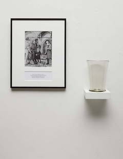 JOSIAH MCELHENY: Recreating a Miraculous Object, 1997-1999. The complete set of three objects, one framed reproduction of a Renaissance fresco with text, one hand-blown glass vase and one painted shelf, glass: 8 5/8