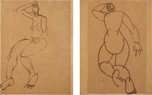 FERNAND LEGER: Nu; and Nu, 1911. Two ink drawings, on thin wove paper, both S. approx. 12 7/8 x 10 in (32.7 x 25.4 cm). both signed with initials in ink, both with staining, onewith a backedtear [back], otherwise ge