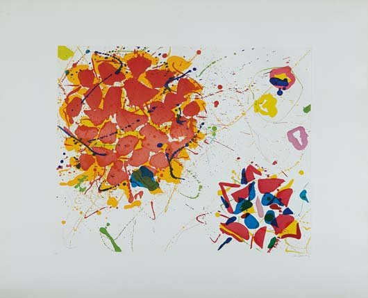 SAM FRANCIS: Senza Titolo II, 1987. Aquatint, etching and drypoint in colors, on Fabriano paper, with full margins, I. 23 1/4 x 28 3/4 in (59.1 x 73 cm); S. 34 x 42 1/4 in (86.4 x 107.3 cm. signed and annotated `A