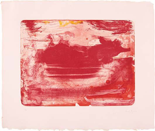HELEN FRANKENTHALER: The Red Sea, 1978-82. Lithograph in colors, on pink HMP handmade paper, with full margins, I. 15 3/4 x 20 3/4 in (40 x 52.7 cm); S. 24 x 28 in (61 x 71.1 cm). signed, dated '1978-82' and numbered 35/5