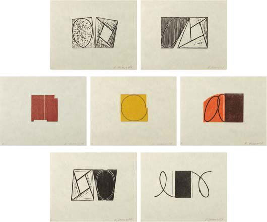 ROBERT MANGOLD: Seven Original Woodcuts; and Prints 1968-1998 (the Catalogue Raisonne by Amy Baker Sandback), 2000. The complete set of seven woodcuts in colors, on Korean Kozo paper, with full margins, plus the Cata
