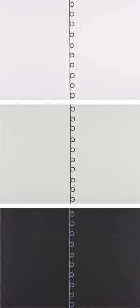 DAN FLAVIN: Untitled (Triptych for the Stedelijk), 1986. The complete set of three lithographs (one in white) on white and cream Rives BFK and black wove paper respectively, the full sheets, all S. 21 1/2 x 30 1/