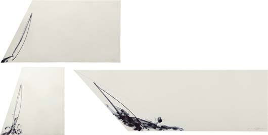 DAN FLAVIN: Sails (triptych), 1986. The complete set of three lithographs in blue with collage, on gray wove paper, the full sheets (shaped, as issued), one S. 15 3/4 x 30 in (40 x 76.2 cm) one S. 9 1/2 x 29 3/4