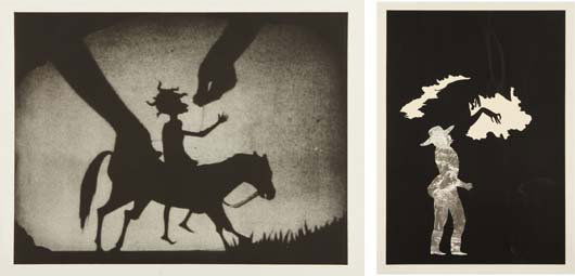 KARA WALKER: Testimony; and Chanterelle Menu, 2005 and 2006. Two prints, comprised of one photogravure and one screenprint, on Twinrocker paper, with full margins, testimony I. 16 1/2 x 21 3/4 in (41.9 x 55.2 cm)