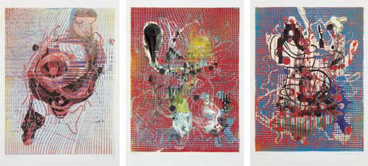 MARKUS OEHLEN: Op to Lynth 1-3, 2000. The complete set of three screenprints in colors, on wove paper, with full margins, all I. 20 1/8 x 15 in (51.1 x 38.1 cm); all S. 23 3/8 x 16 1/2 in (59.4 x 41.9 cm). all signe