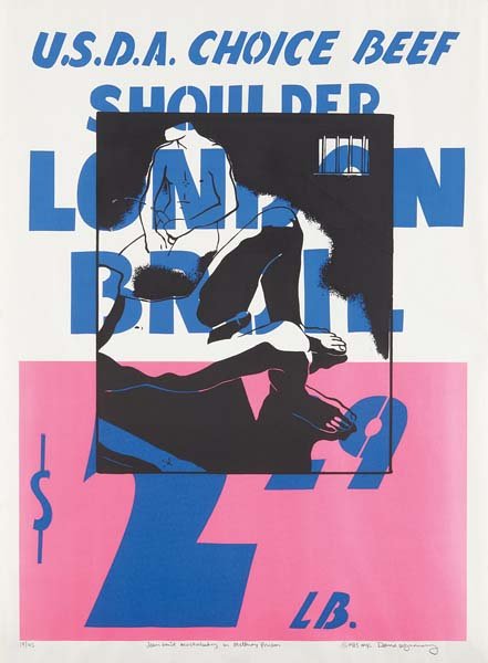 DAVID WOJNAROWICZ: Jean Genêt Masturbating in Metteray Prison (London Broil), 1983. Screenprint in colors, on thin wove paper, with full margins, I. 30 1/2 x 22 1/2 in. (77.5 x 57.2 cm) S. 34 x 24 7/8 in. (86.4 x 63.2