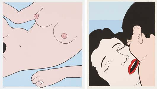 JOHN WESLEY: Hooties Wife; and Red Lips, 2005. Two screenprints in colors, on wove paper, with full margins, both I. 19 1/2 x 18 in (49.5 x 45.7 cm) both S. 26 1/2 x 24 1/2 in (67.3 x 62.2 cm). both signed, dated