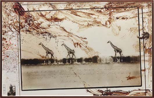 PETER BEARD, Giraffes in Mirage on the Taru Desert,: Toned gelatin silver print with ink, paint, blood, collage and affixed cloth, printed later. 47 1/2 x 77 in. (120.7 x 195.6 cm). Signed, titled, dated and annotated in ink on the recto. PROVENANCE The