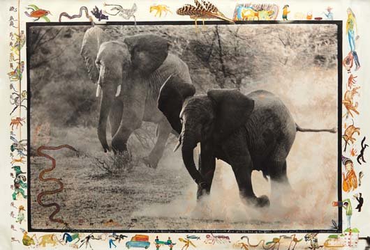 PETER BEARD, Buffalo Springs, Kenya, July, 1960: Gelatin silver print with ink, paint, drawings by the artists Kivoi Mathenge and E. Mwangi Kuria and affixed feather, printed 1996-1997. 32 1/2 x 48 in. (82.6 x 121.9 cm). Signed, titled, dated and an