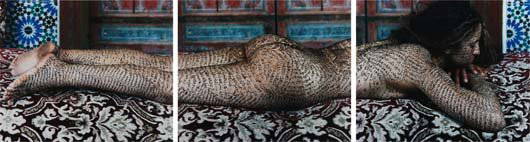 LALLA ESSAYDI, Harem Beauty, 2008: Chromogenic print triptych, each panel flush-mounted. Each 18 1/2 x 22 1/2 in. (47 x 57.2 cm) Overall 18 1/2 x 67 1/2 in. (47 x 171.5 cm). Signed, titled, dated and numbered 2/15 in ink on a Certifica