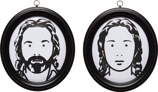 JULIAN OPIE, Luc and Ludivine get married 3, 2007: The complete pair of laser-cut black Somerset paper silhouette portraits, on Clairefontaine Mayo paper, contained in separate oval frames designed by the artist, one signed in ink and both numbered 4/