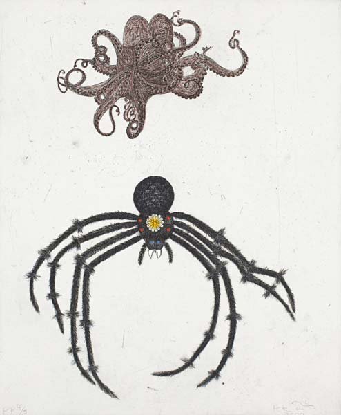 KIKI SMITH, Untitled (for David Wojnarowicz), from 1989: Etching and aquatint in colors, on wove paper, with full margins, signed, dated and numbered `P.P. 4/5' in pencil (a printer's proof, the edition was 75 and 12 artist's proofs), published by the Estat