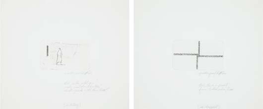 DAN FLAVIN, [Untitled]; and [Untitled], 1973: Two unique etchings, on wove paper, with full margins, both signed, dated `1973', inscribed `Bob, this is a present from Kathran' and Dan. (in drypoint)' and 'Bob, is this what you really want for Chr