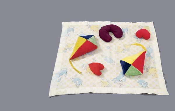 MIKE KELLEY (b. 1954) Two Doubles And Another: MIKEKELLEY(b. 1954)Two Doubles And Another.Found plush objects and blanket.48 ¾ x 36 ⅝ in. (
