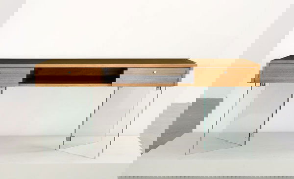JACQUES DUMOND Desk, 1950s Wood, glass, pla: JACQUESDUMONDDesk, 1950sWood, glass, plated-metal30 ¾ x 70 ⅞ x 30 ¼ in. (78.1