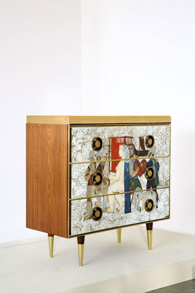 GIO PONTI Chest of drawers, from Gio Ponti's: GIOPONTIChest of drawers, from Gio Ponti's residence, 1951In collaboration with Edina Altara; reverse-painted mirror, walnut