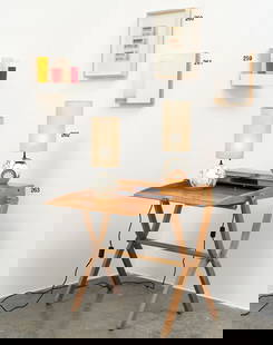 263: PETER COLES AND RENA DUMAS FOR HERMÈS : PETERCOLES AND RENA DUMAS FOR HERMÈSPortable folding writing desk, ca. 1997.Manufactured by Hermès, Paris, France; pear wood, natural cow hide, polished brass, stamped