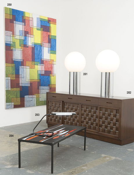 284: ROGER CAPRON Coffee table, 1950s. Glazed cer: ROGERCAPRONCoffee table, 1950s.Glazed ceramic, painted metal, signed on one tile "R.Capron."15 &#x