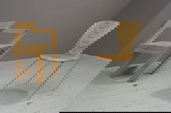 GERRIT RIETVELD 1888-1964 Left-handed "Steltm: GERRITRIETVELD1888-1964Left-handed "Steltman" chair, 1970sPine. Manufactured after Rietveld's death by Gerard van de Groenek