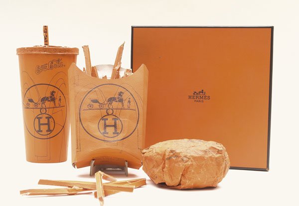 TOM SACHS b. 1966 Hermes Valuemeal, 1998 Herm: TOMSACHSb. 1966Hermes Valuemeal, 1998Hermes box, Hermes paper and hot glue constructed cheeseburger, Coca-Cola drink, and fr