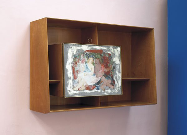 GIO PONTI 1891-1979 Cabinet, ca. 1952 Mahogany: GIOPONTI1891-1979Cabinet, ca. 1952Mahogany, reverse-painted mirrored glass panel. Manufactured by Mobilificio Chiesa, Italy.