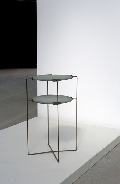 JASPER MORRISON b. 1959 Side table, ca. 1984: JASPERMORRISONb. 1959Side table, ca. 1984Sand blasted glass, metal. Produced by Jasper Morrison, UK. From an edition of 15.<