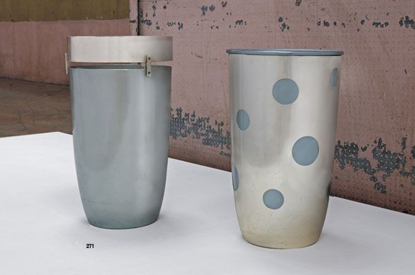 ETTORE SOTTSASS b. 1917 Umbrella stand, ca. 19: ETTORESOTTSASSb. 1917Umbrella stand, ca. 1955Aluminum. Manufactured by Rinnovel, Italy and retailed by Raymor, USA. Impresse