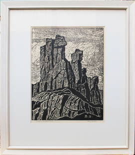 Temple of the Great Spirit: This woodcut piece by artist Birger Sandzen is titled "Temple of the Great Spirit" and was done in an unnumbered edition of 50 and dated 1922. The piece is in good condition with some very slight