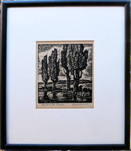 Brook with Poplars: This linoleum cut by Birger Sandzen is titled "Brook with Poplars" and is dated 1932. This piece is done in an edition of 200 (pieces were not individually numbered). In fair condition, there is some