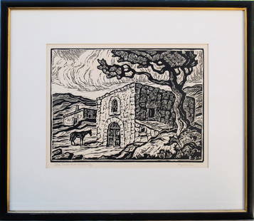 Old Powder House, Central City: This linocut piece by artist Birger Sandzen is titled "Old Powder House, Central City" and is dated 1933. This pieces was done in an unnumbered edition of 200. It it in good condition and not in acid