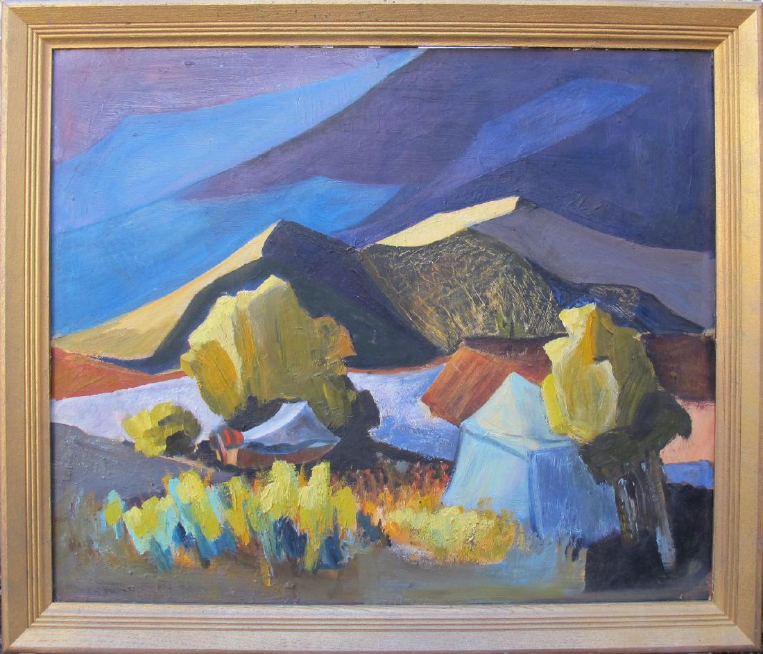 Mesa Reservoir: This original oil on board painting by Kansas artist Jinx Wright is titled "Mesa Reservoir." This piece measures 20" x 24" and is in good condition but needs to be cleaned.