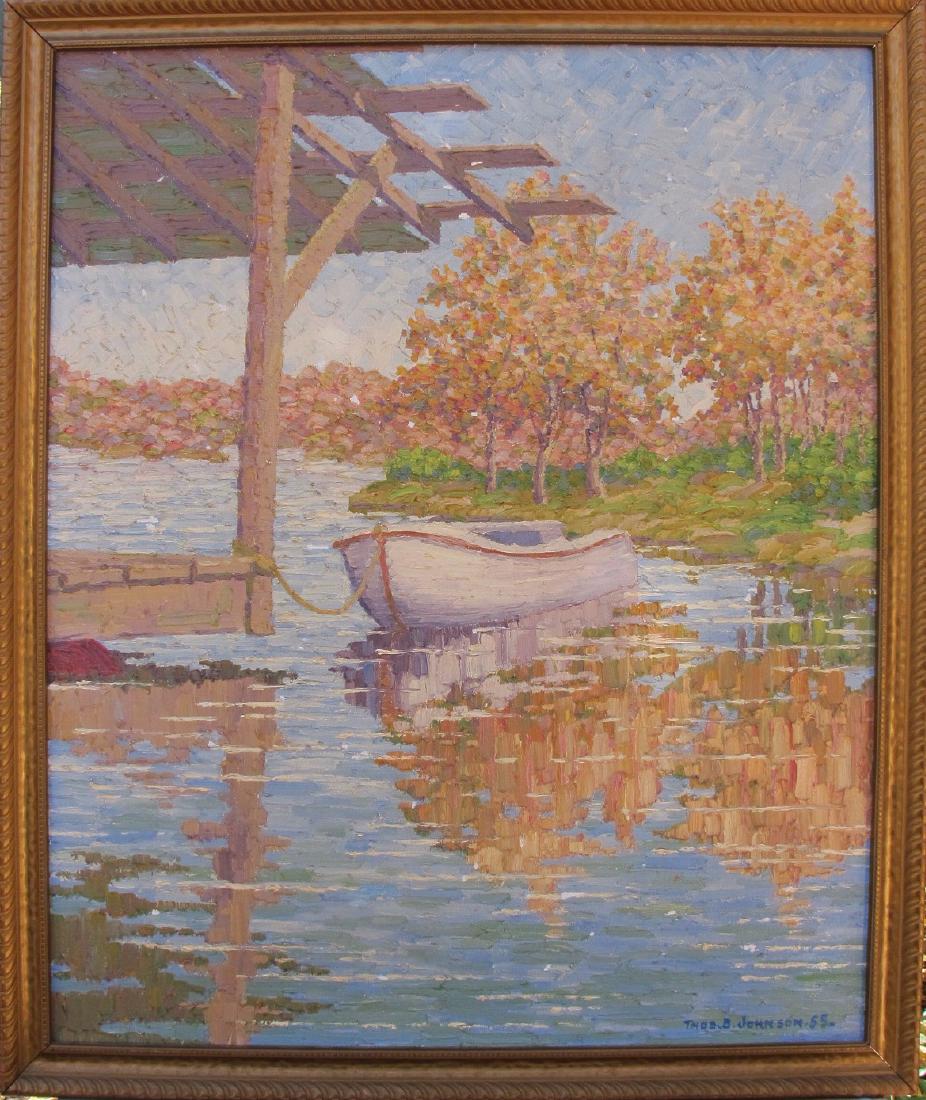 boat on lake: This original oil on board piece by Sandzen student, Thomas Johnson, features a small boat on a lake with heavy Sanzen influence. A larger piece, measuring 29" x 24", this piece is in good condition a