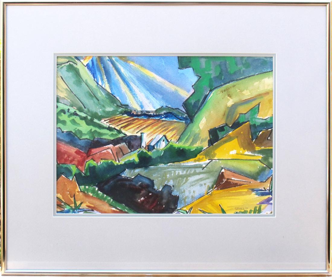 Scene Off Western Slope of Coronado: This original watercolor by Don Weddle, a student of Lester Raymer, is titled "Scene Off Western Slope on Coronado." This colorful piece is in good condition with acid free, white matting and gold fra