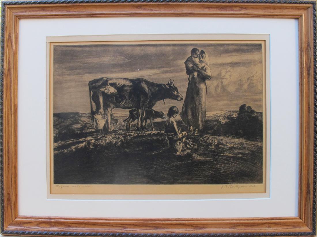 Figures With Cow: A lithograph by Prairie Print Maker John Costigan. This piece features a midwest image of a family. A mother looks after the two children with father milks the cow. In Poor condition, this pieces is g