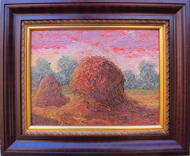 The Haystacks: This original piece by Sandzen student Emerson Glass is titled "The Haystacks" and features haystacks in Marquette, KS. This smaller piece measures 9" x 12" and is in good condition with a nice wood f